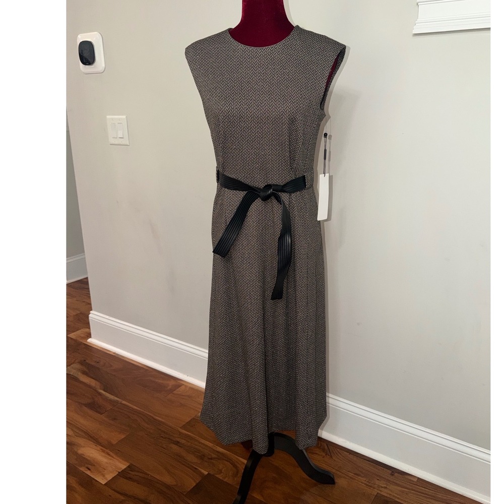 Calvin Klein Womens Chevron Metallic Dress Black Tan CD2P2V2W Belted 4 L 46"